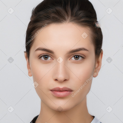 Neutral white young-adult female with short  brown hair and brown eyes