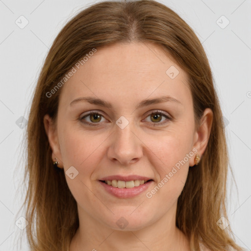 Joyful white young-adult female with long  brown hair and brown eyes