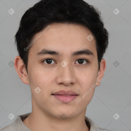 Neutral asian young-adult male with short  brown hair and brown eyes