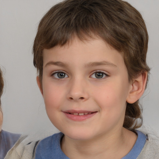 Joyful white child female with medium  brown hair and grey eyes