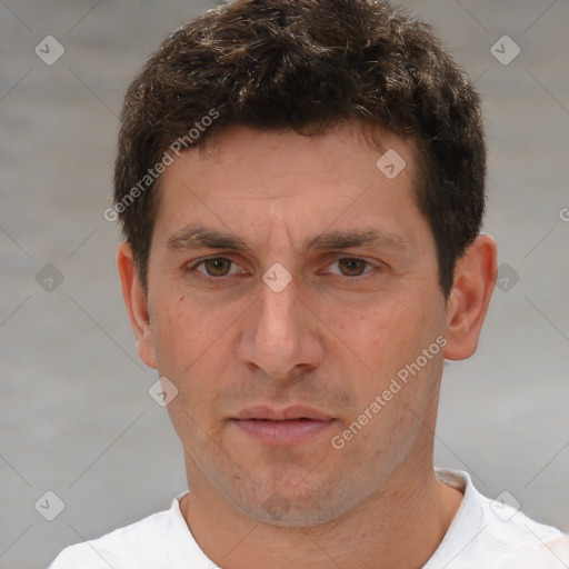 Neutral white adult male with short  brown hair and brown eyes