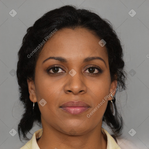 Joyful black young-adult female with medium  brown hair and brown eyes