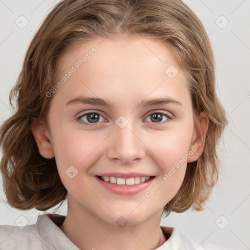 Joyful white child female with medium  brown hair and brown eyes