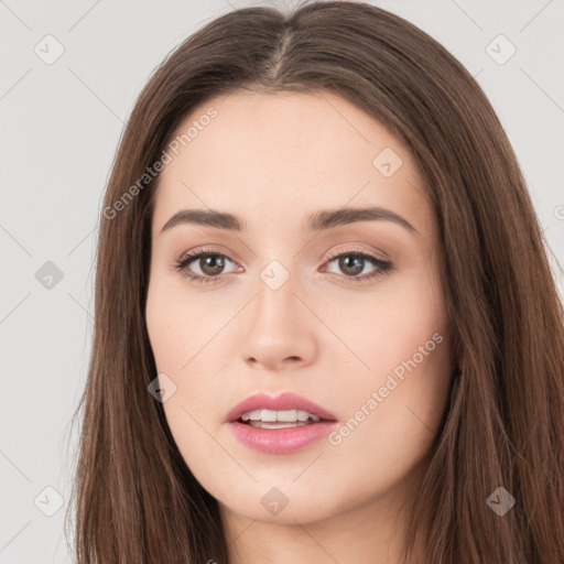 Neutral white young-adult female with long  brown hair and brown eyes