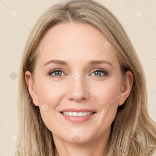 Joyful white young-adult female with long  brown hair and grey eyes