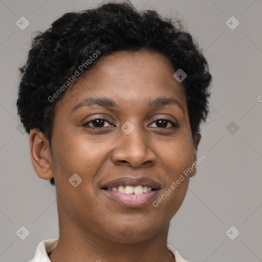 Joyful black young-adult female with short  brown hair and brown eyes