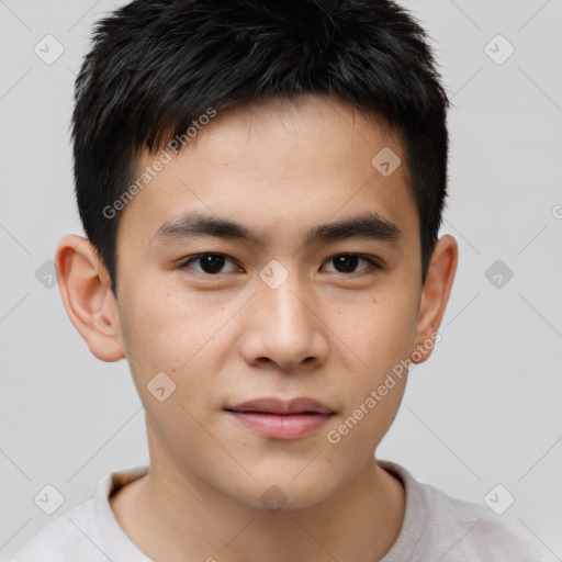 Neutral asian young-adult male with short  brown hair and brown eyes