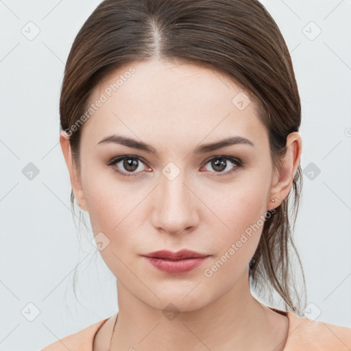 Neutral white young-adult female with medium  brown hair and brown eyes