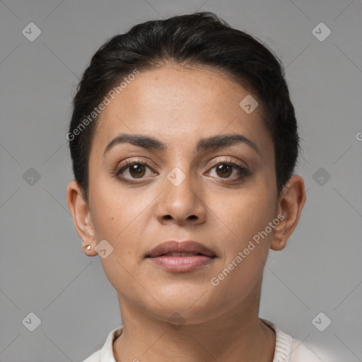 Neutral white young-adult female with short  brown hair and brown eyes