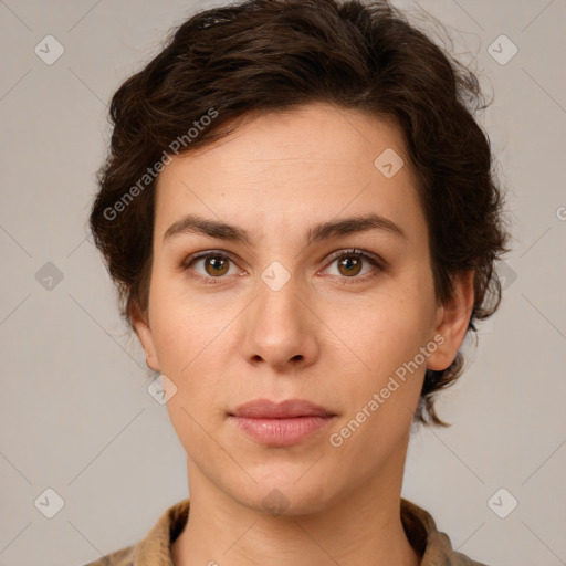 Neutral white young-adult female with medium  brown hair and brown eyes