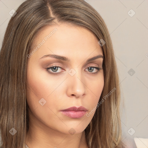 Neutral white young-adult female with long  brown hair and brown eyes