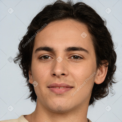 Joyful white young-adult male with medium  brown hair and brown eyes