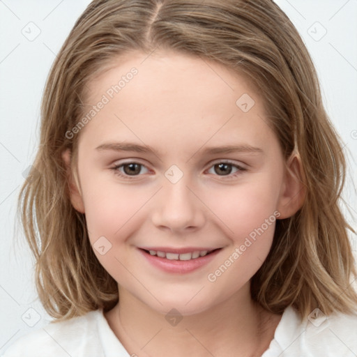 Joyful white child female with medium  brown hair and brown eyes