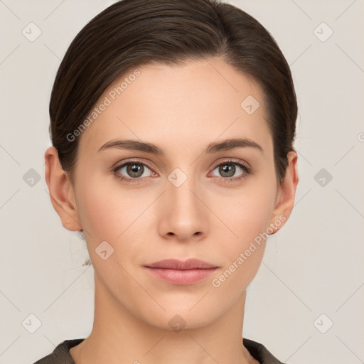 Neutral white young-adult female with medium  brown hair and brown eyes