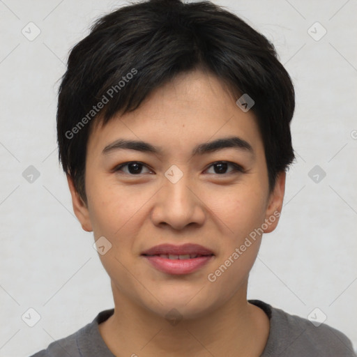 Joyful asian young-adult female with short  black hair and brown eyes