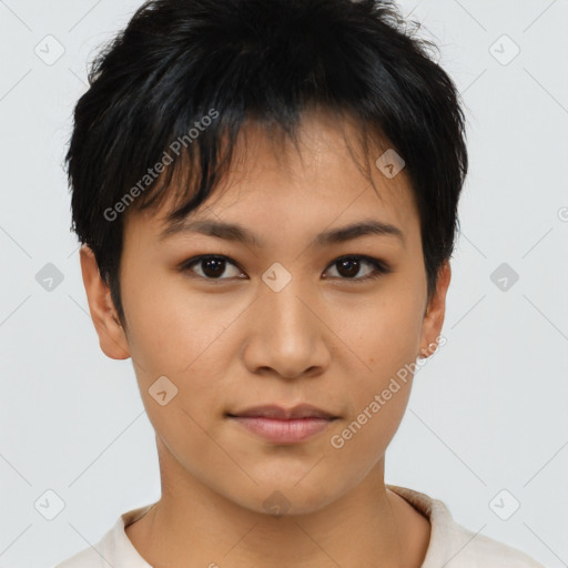 Joyful asian young-adult female with short  brown hair and brown eyes