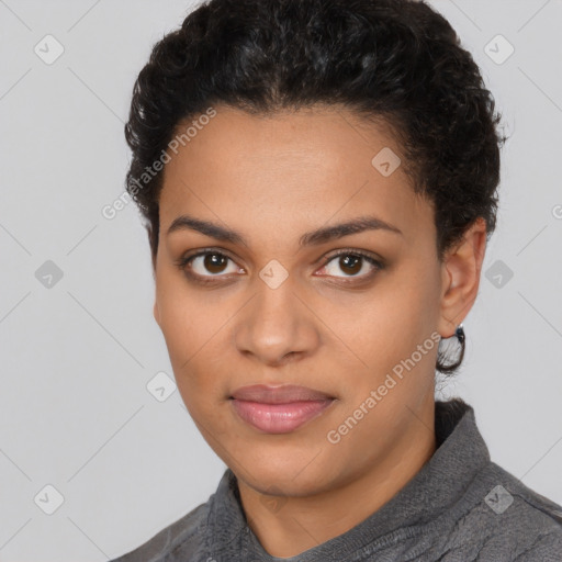 Joyful latino young-adult female with short  brown hair and brown eyes