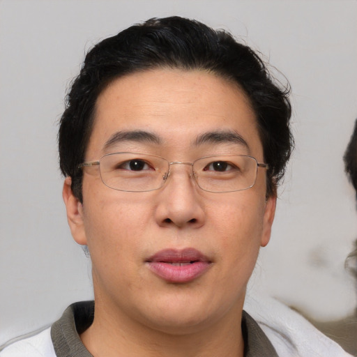 Joyful asian adult male with short  brown hair and brown eyes