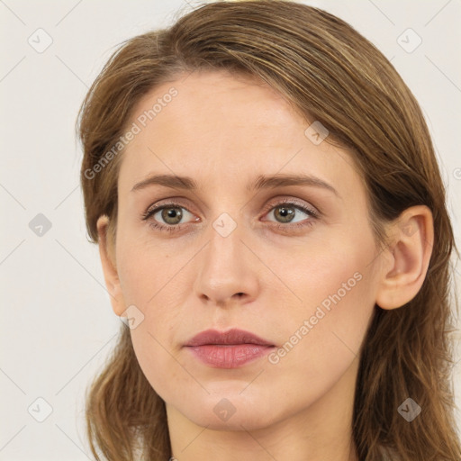 Neutral white young-adult female with long  brown hair and grey eyes