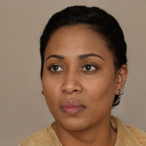 Neutral black young-adult female with short  black hair and brown eyes