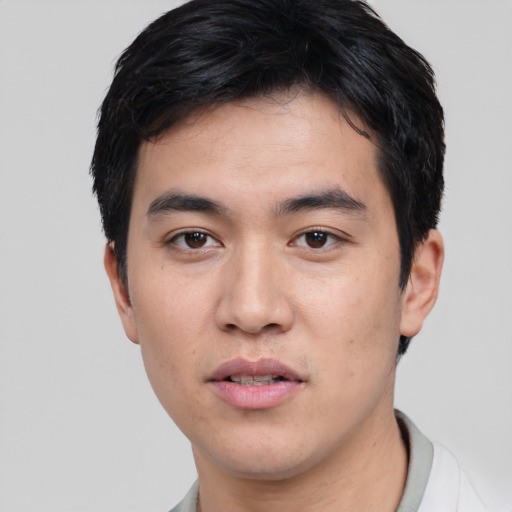 Neutral asian young-adult male with short  black hair and brown eyes