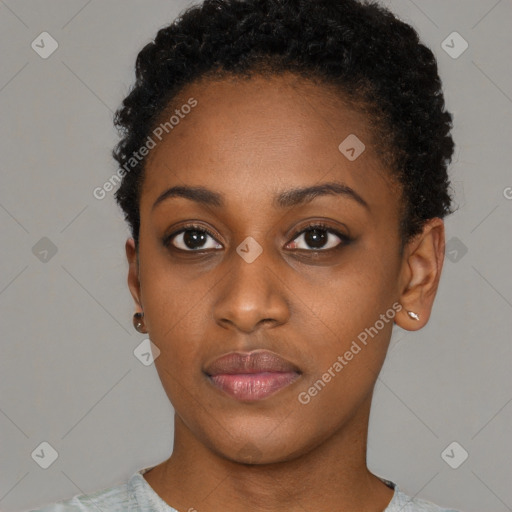 Neutral black young-adult female with short  brown hair and brown eyes