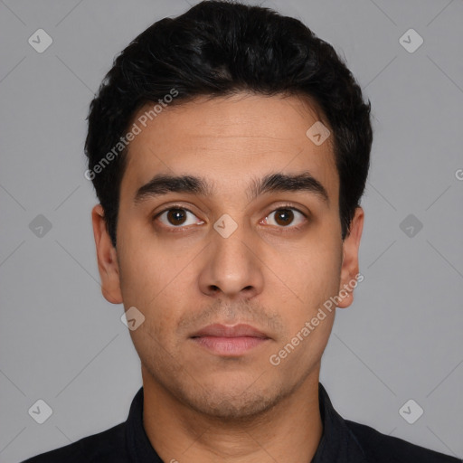 Neutral latino young-adult male with short  black hair and brown eyes