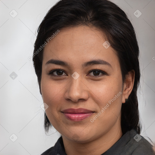 Joyful white young-adult female with medium  brown hair and brown eyes