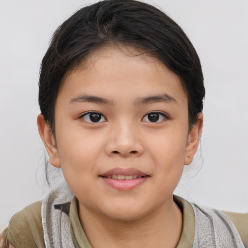 Joyful asian child female with short  brown hair and brown eyes