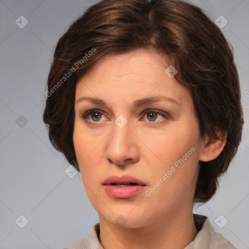 Neutral white young-adult female with medium  brown hair and brown eyes