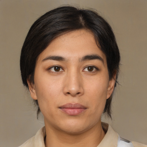 Neutral latino young-adult female with medium  brown hair and brown eyes