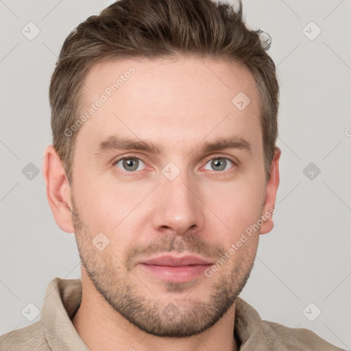 Neutral white young-adult male with short  brown hair and grey eyes