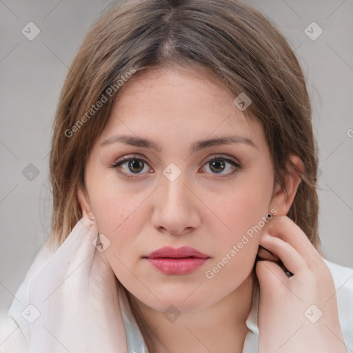 Neutral white young-adult female with medium  brown hair and brown eyes