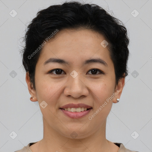 Joyful asian young-adult female with short  brown hair and brown eyes