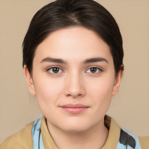 Neutral white young-adult female with medium  brown hair and brown eyes