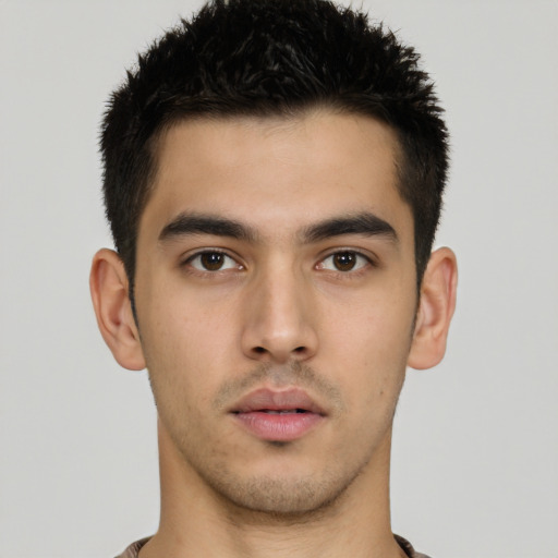 Neutral asian young-adult male with short  brown hair and brown eyes