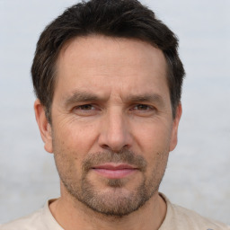 Joyful white adult male with short  brown hair and brown eyes