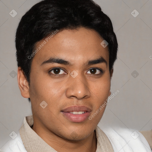 Joyful latino young-adult male with short  brown hair and brown eyes