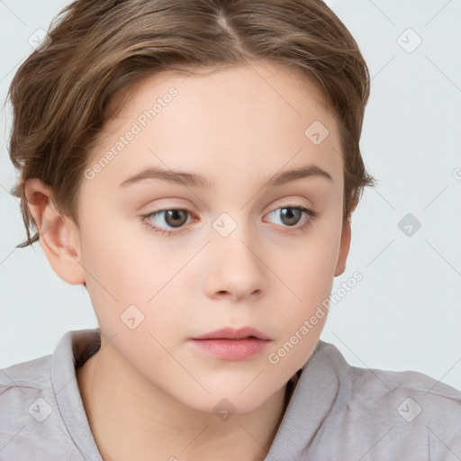 Neutral white child female with short  brown hair and grey eyes