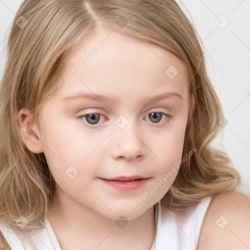 Neutral white child female with medium  brown hair and blue eyes