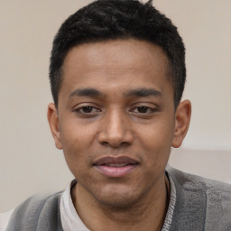 Joyful latino young-adult male with short  black hair and brown eyes