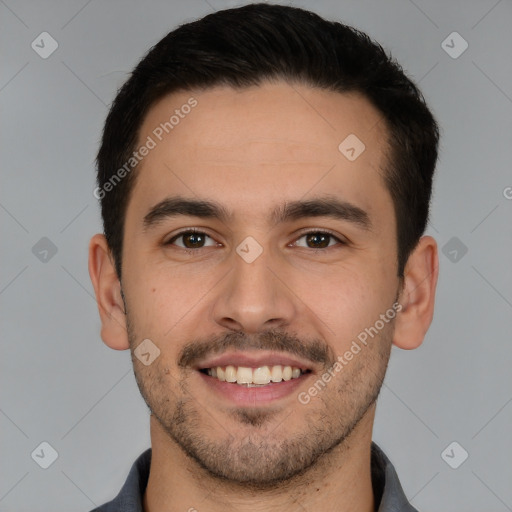 Joyful white young-adult male with short  brown hair and brown eyes