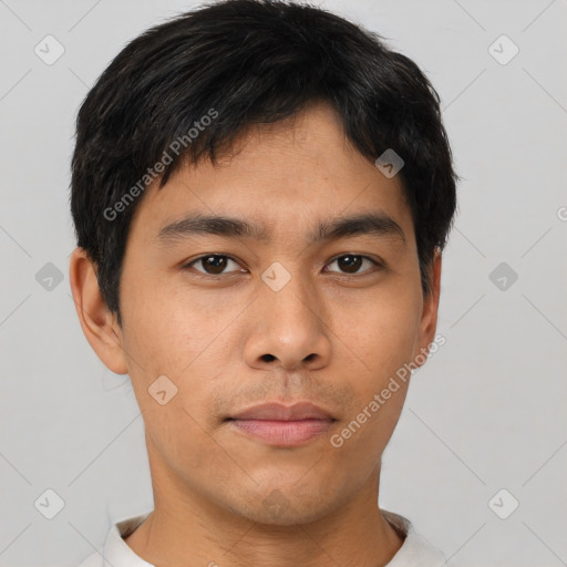 Neutral asian young-adult male with short  brown hair and brown eyes