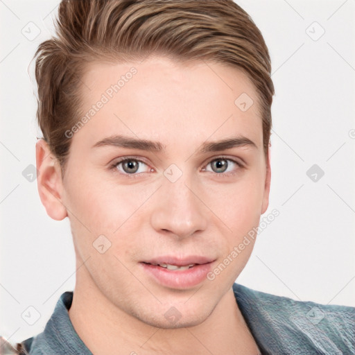 Joyful white young-adult male with short  brown hair and grey eyes