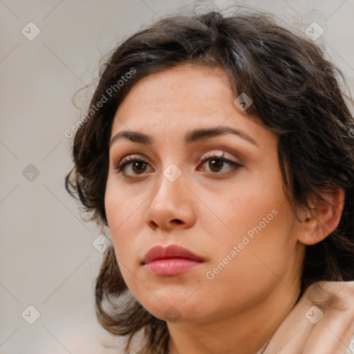 Neutral white young-adult female with medium  brown hair and brown eyes