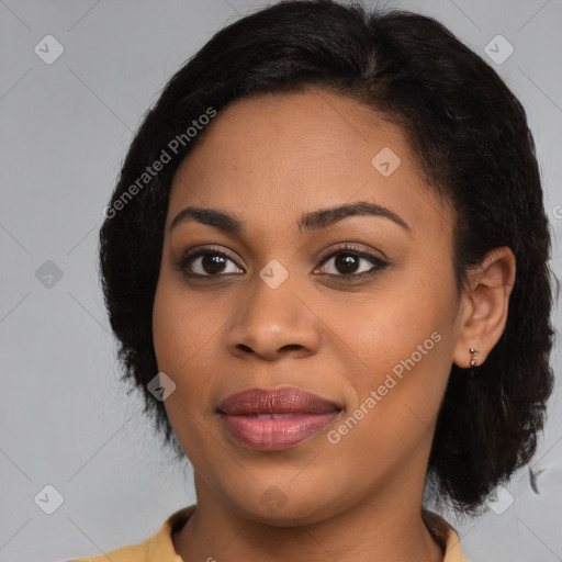 Joyful black young-adult female with medium  black hair and brown eyes