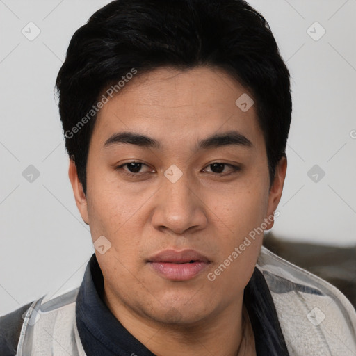 Neutral asian young-adult male with short  black hair and brown eyes