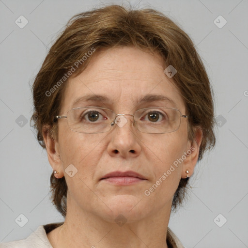 Neutral white adult female with short  brown hair and brown eyes