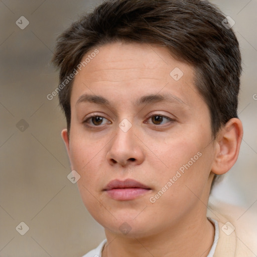 Neutral white young-adult female with short  brown hair and brown eyes