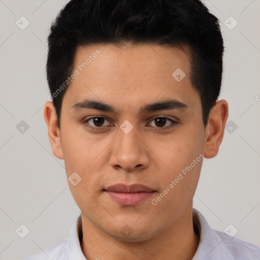 Joyful asian young-adult male with short  black hair and brown eyes